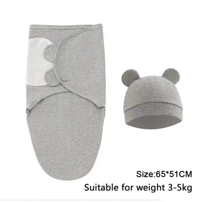 Baby Blanket Hat Set, Cartoon Printed Cotton Newborn Swaddle, Adjustable Infant Sleeping Swaddle Wraps, All Seasons, 0-6 Months