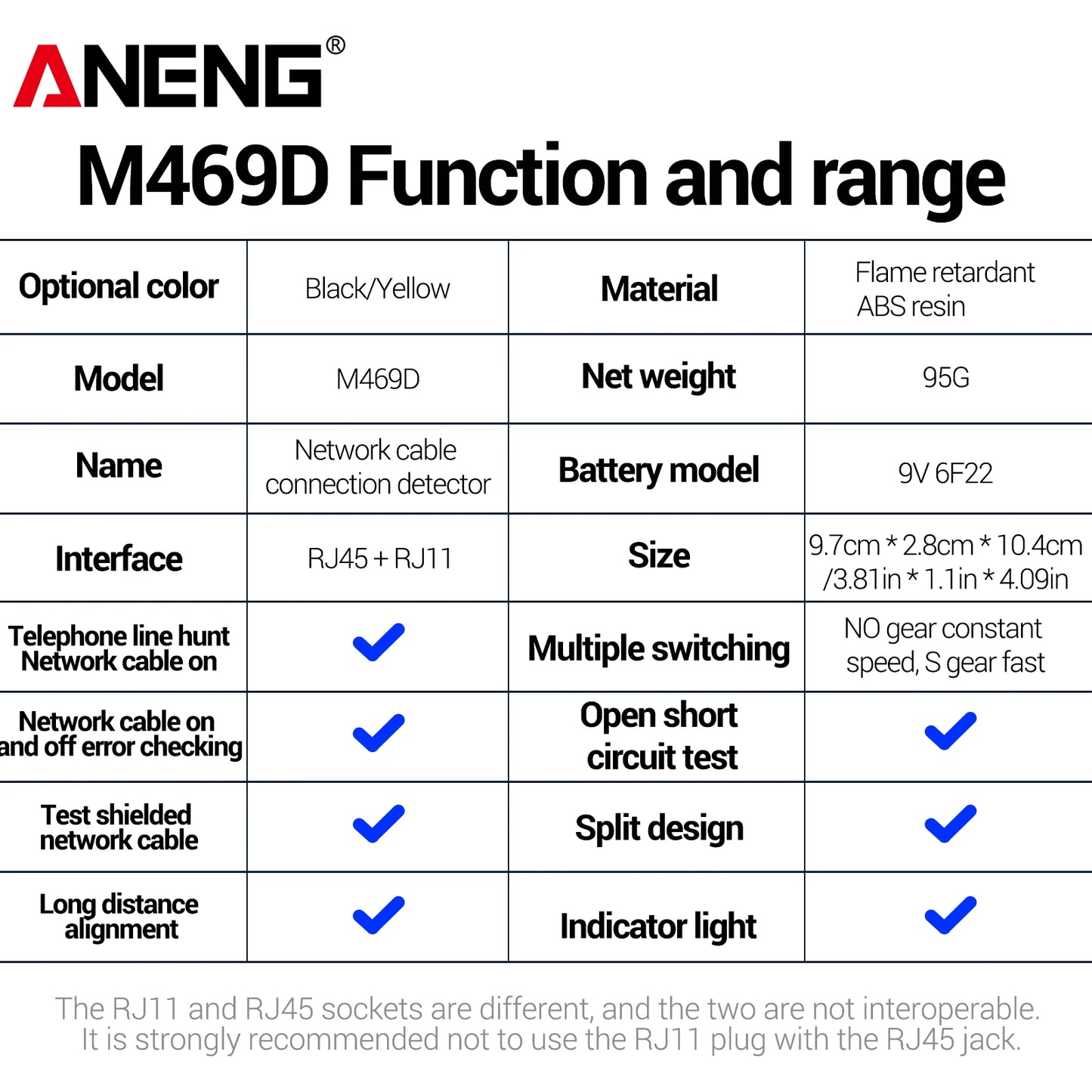 ANENG M469D network line finder RJ45RJ11 dual interface telephone line and network cable on/off detection split type line tester