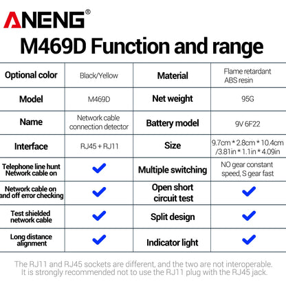 ANENG M469D network line finder RJ45RJ11 dual interface telephone line and network cable on/off detection split type line tester