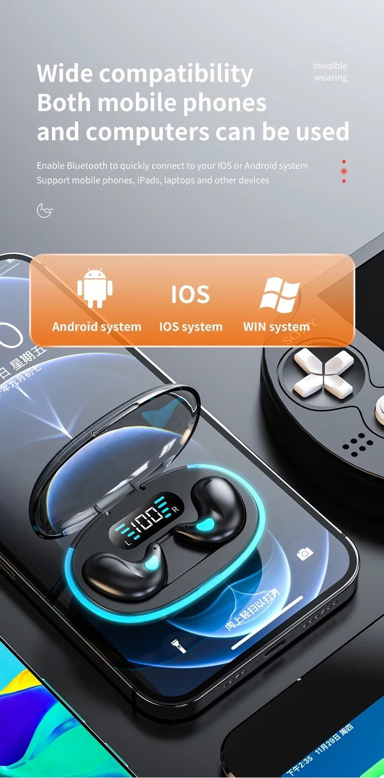 Sleep Wireless Earphone TWS Bluetooth 5.3 Headphones Hidden Earbuds IPX5 Waterproof Noise Reduction Sports Headset