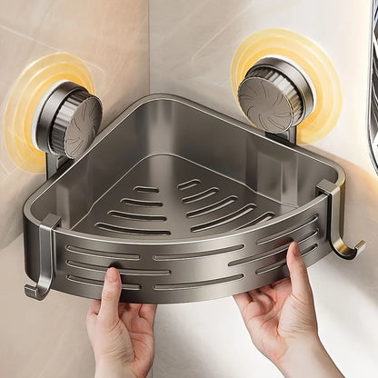 Space-Saving Suction Cup Bathroom Shelf - No Drilling Required, Strong Triangular Rack with Hooks, Suitable for Shower and Toilet