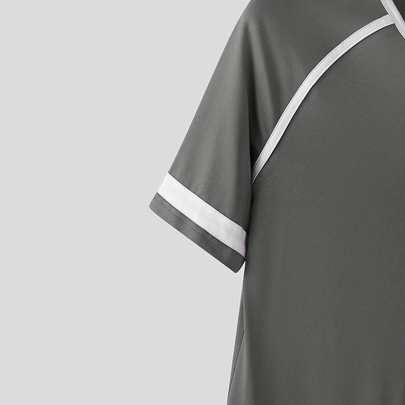 INCERUN Men Bodysuits Patchwork Zipper O-neck Short Sleeve Cozy Male Rompers Playsuits Workout 2025 Fashion Casual Bodysuit Men