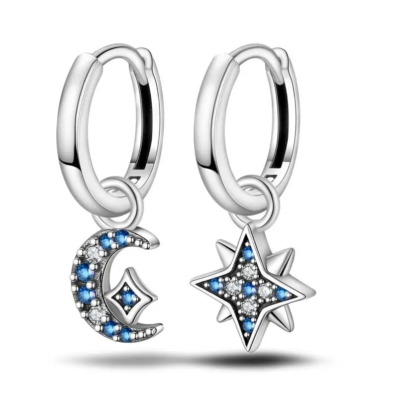 925 Sterling Silver Moon Universe Starry Sky Series Charm Earrings Women Blue Shiny Zircon Daily Wear Jewelry