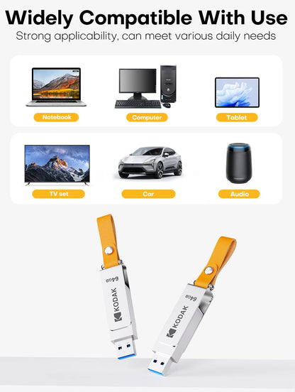 Kodak K133 USB 3.1 Flash Drive 64GB 128GB 256GB 512GB Read Speed 120MB/s Metal Body Leather Band USB3.1 Pen Drive for PC & HD-TV