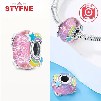 925 Sterling Silver Pink Color Series Beads Heart Flower Murano Glass DIY Jewelry Charms Fit Original Bracelet for Women Fine Gifts
