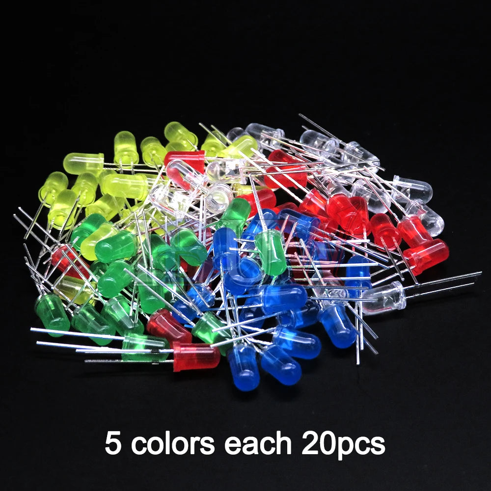 100PCS/LOT, 5mm LED Diode, F5 Assorted Kit, White Green Red Blue Yellow Orange Pink Purple Warm White DIY Light Emitting Diodes, IBUW