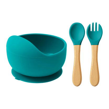 Mamaplan 3PCS Baby Silicone Feeding Set Toddler Suction Bowl Feeding Training Spoon Fork Baby Dishes Plate Baby Accessories