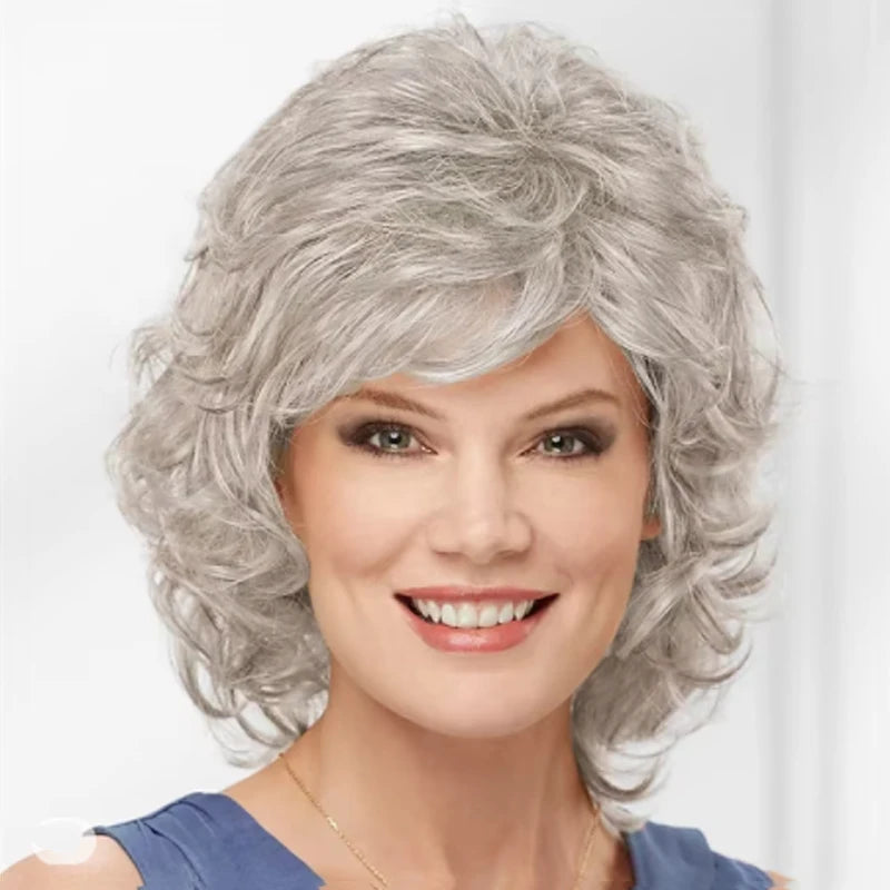 Women Synthetic Hair Wigs, Short Curly with Bangs, Shoulder Length  Blonde Grey White Brown Wig, HAIRJOY