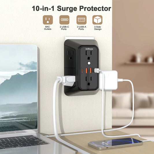 US Plug Power Strip Multitap 6 AC Outlets 2 USB 2 Type C Port Charge Electrical Socket Network Filter Fast Charging Home Office