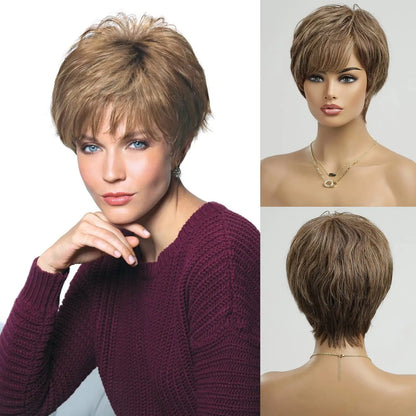 100% Remy Human Hair Wigs, Ombre Blonde Short Bob Pixie Cut Machine Made Wig with Bangs, Human Hair Natural Layered Wigs for Women