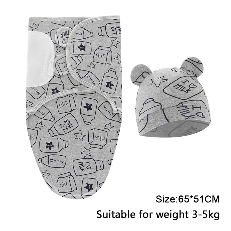 Baby Blanket Hat Set, Cartoon Printed Cotton Newborn Swaddle, Adjustable Infant Sleeping Swaddle Wraps, All Seasons, 0-6 Months