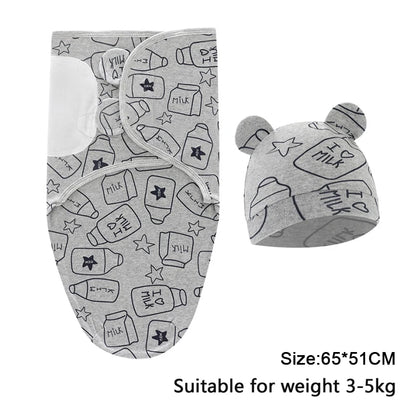 Baby Blanket Hat Set, Cartoon Printed Cotton Newborn Swaddle, Adjustable Infant Sleeping Swaddle Wraps, All Seasons, 0-6 Months