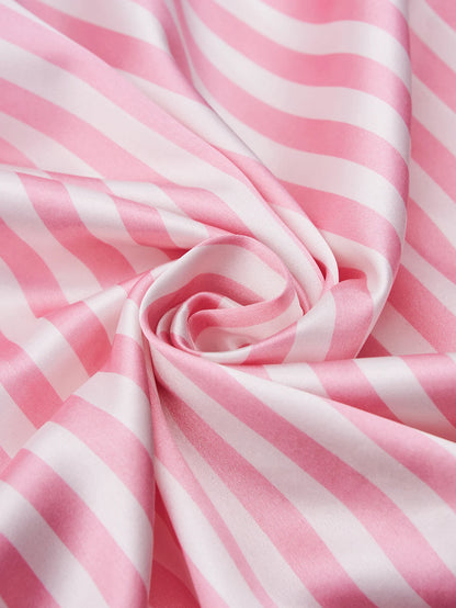 Classic Striped Print And Pocket Letter Short-Sleeve Long Pants Pajama Set, Satin Sleepwear with Lapel Collar and Button Detail