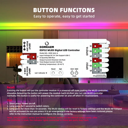 DOMRAEM ESP32 USB-C WLED Digital LED controller RGB IC DIY APP 16A fuse Works with HA/MQTT/Alex WS2811/12/12B/14/05 Sk6812 Strip