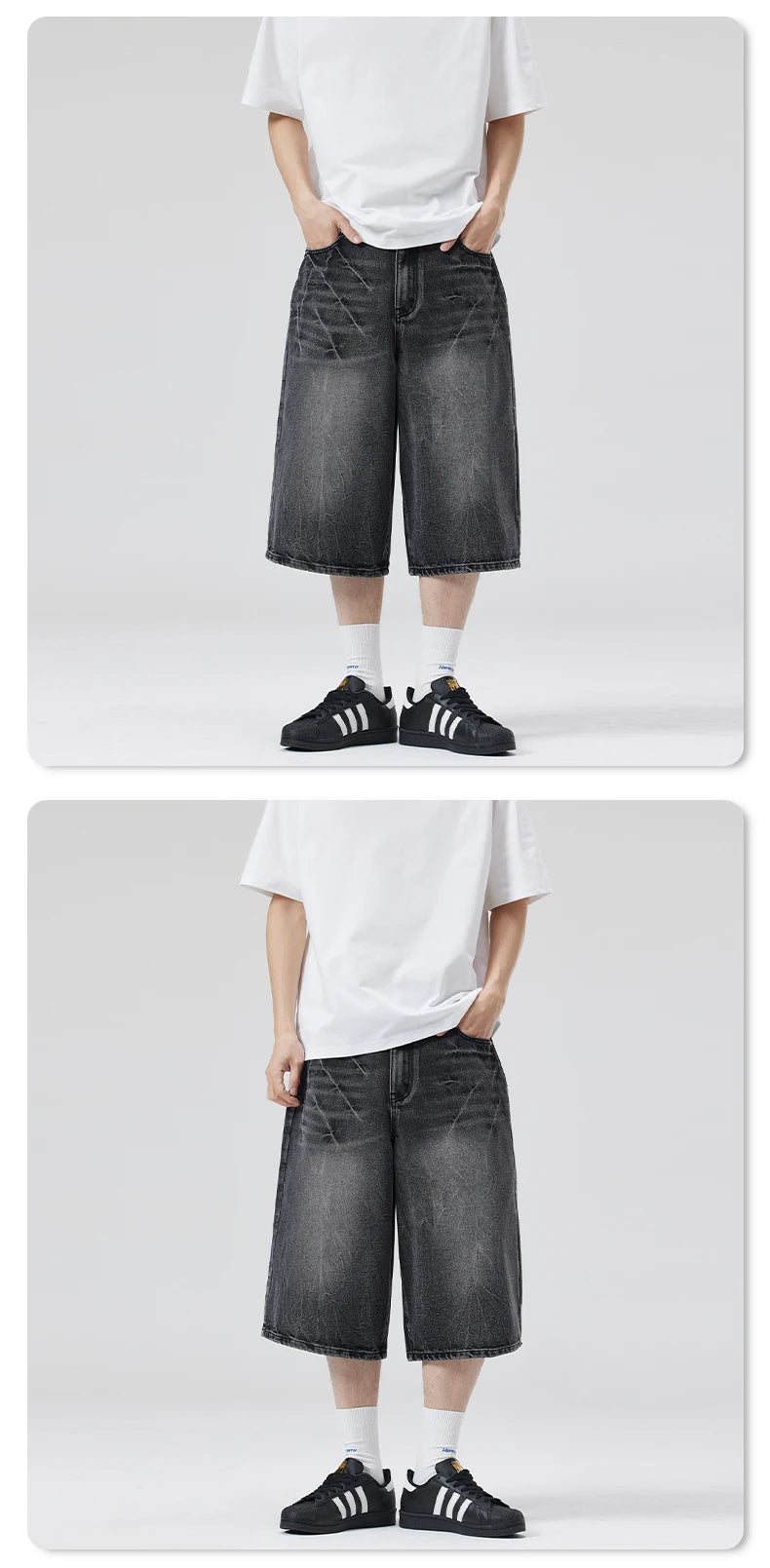 American Lightning Crack Black Grey Jeans, Men's Straight Tube Loose Wide Leg Shorts, Y2k Street Hip Hop Sevens