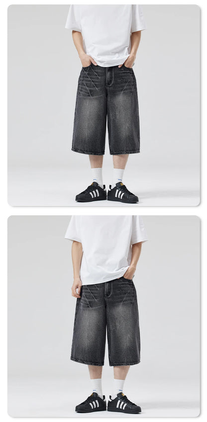 American Lightning Crack Black Grey Jeans, Men's Straight Tube Loose Wide Leg Shorts, Y2k Street Hip Hop Sevens