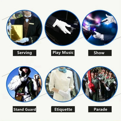 Guantes blancos de algodón para hombre, esmoquin formal, guantes de uniforme, guantes de guardia de honor, desfile, ceremonia, disfraz, cosplay, monedas, joyas, guantes de mayordomo