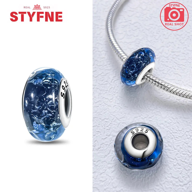 925 Sterling Silver Blue Series Crystal Enamel Murano Charm Bead Fits Original Bracelet for Women DIY Fine Jewelry Gifts