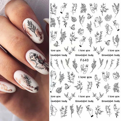 3d Nail Art Decals Tropical Palm Leaves Flowers Laces Faces Adhesive Sliders Nail Stickers Decoration For Nail Manicure