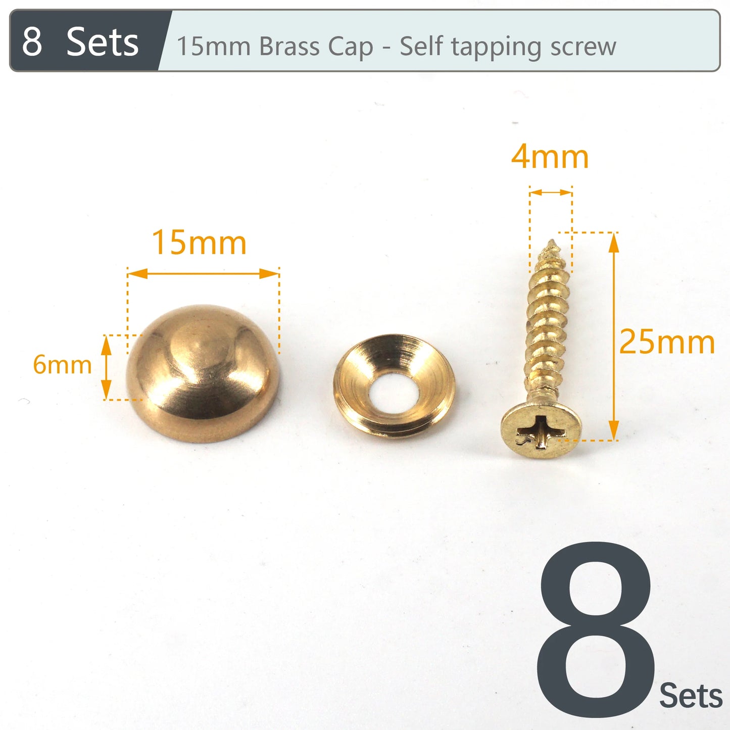 8Sets, Brass Decorative Nail, Mirror Advertising Board Cap Cover Self-tapping Screw, 9mm/12mm/13mm/15mm