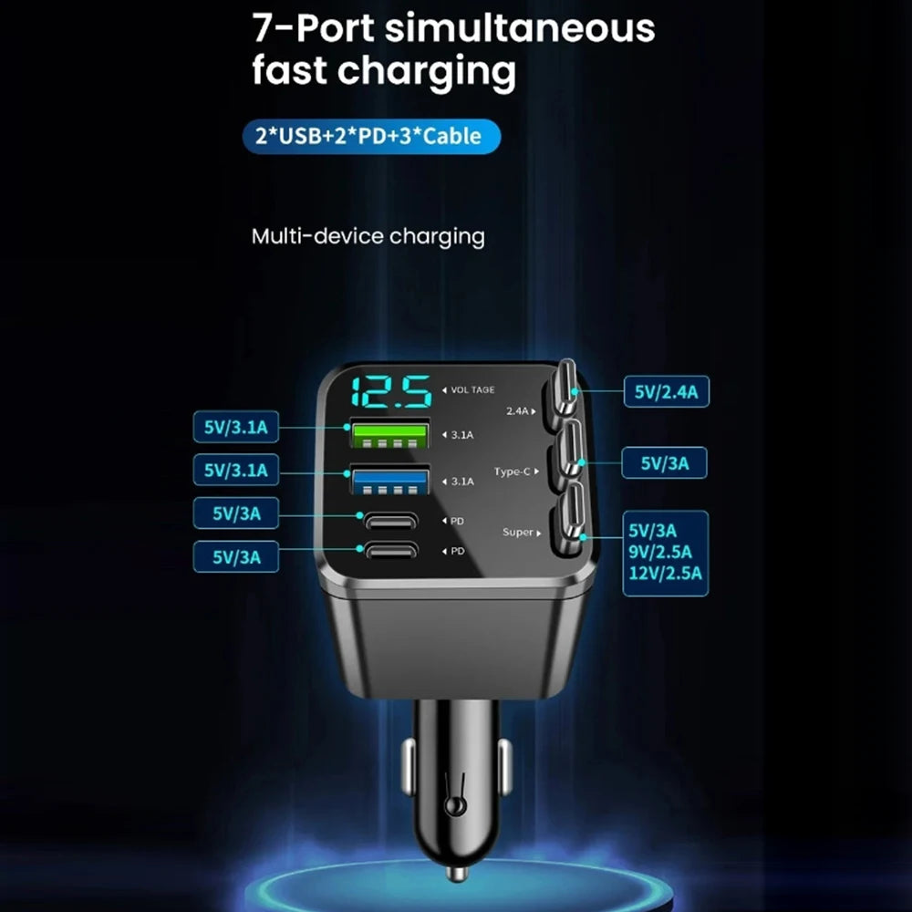 KEBIDUMEI 180W Car Charger PD30W USB 3.1A Phone Charger Digital Display Fast Charging Retractable Cable Adapter Car Accessories