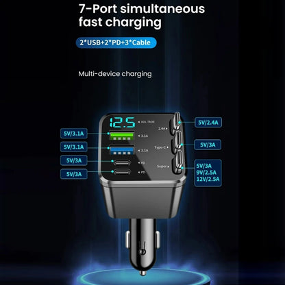 KEBIDUMEI 180W Car Charger PD30W USB 3.1A Phone Charger Digital Display Fast Charging Retractable Cable Adapter Car Accessories