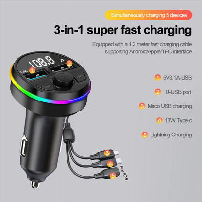 Bluetooth 5.0 FM Transmitter Car MP3 Modulator Player Handsfree Audio Receiver PD+USB Phone Charger With 3 in 1 Charge Cable