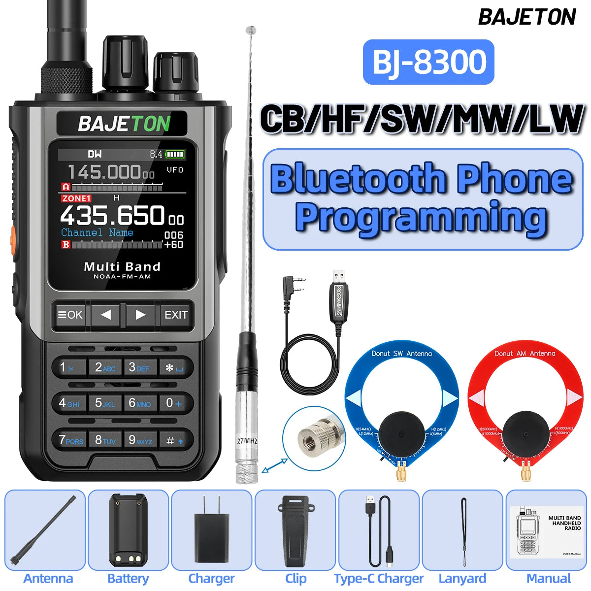BAJETON BJ-8300 Walkie Talkie 10W Tri Power SW MW LW AM SSB CB Receive Wireless Bluetooth Phone Programming NOAA Two Way Radio