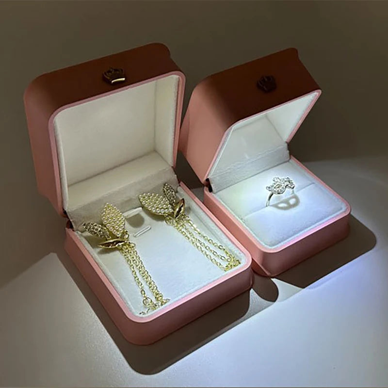 LED Jewelry Ring Box with Light Luxury Crown Earrings Pendant Storage Display Proposal Wedding Gift Box Jewelry Organizer Box