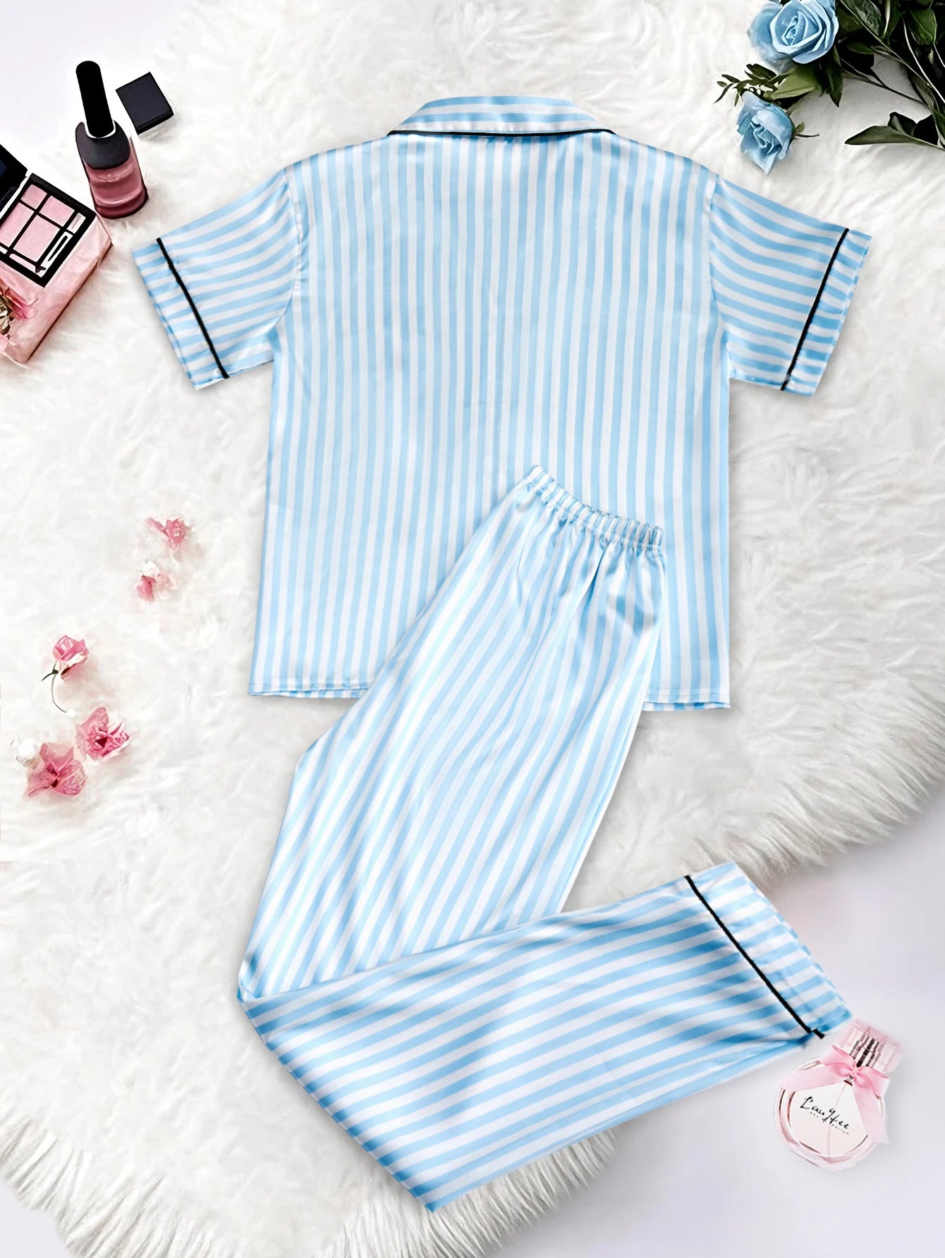 Classic Striped Print And Pocket Letter Short-Sleeve Long Pants Pajama Set, Satin Sleepwear with Lapel Collar and Button Detail