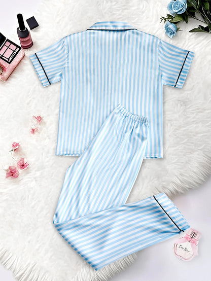 Classic Striped Print And Pocket Letter Short-Sleeve Long Pants Pajama Set, Satin Sleepwear with Lapel Collar and Button Detail