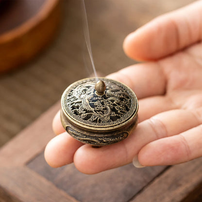 Antique brass pocket mini hollow incense burner, ancient Chinese tea table decoration, dragon and phoenix incense burner