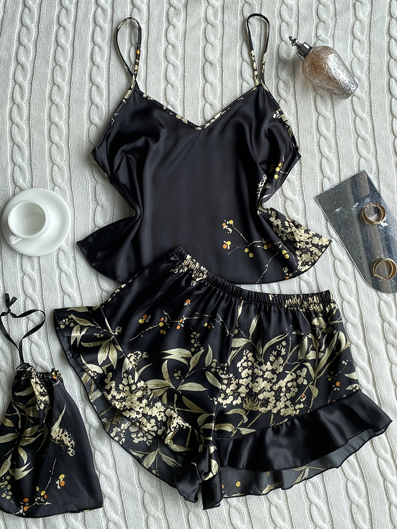 Elegant Floral Print Cami Tops Ruffle Hem Shorts Pajama Set, Women's Sleepwear, Loungewear