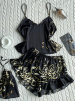 Elegant Floral Print Cami Tops Ruffle Hem Shorts Pajama Set Women's Sleepwear Loungewear