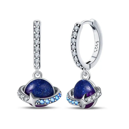 925 Sterling Silver Moon Universe Starry Sky Series Charm Earrings Women Blue Shiny Zircon Daily Wear Jewelry