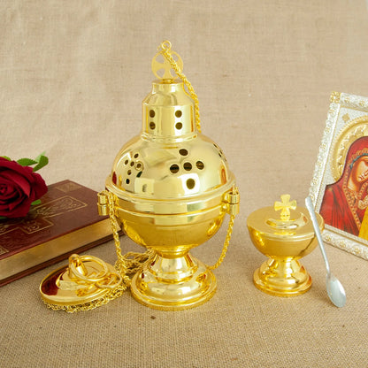 Church Supplier, High Polished Gold Plated Hanging Incense Burner, Orthodox Censer, Church Home Decoration Catholic Chalice, HTISOK