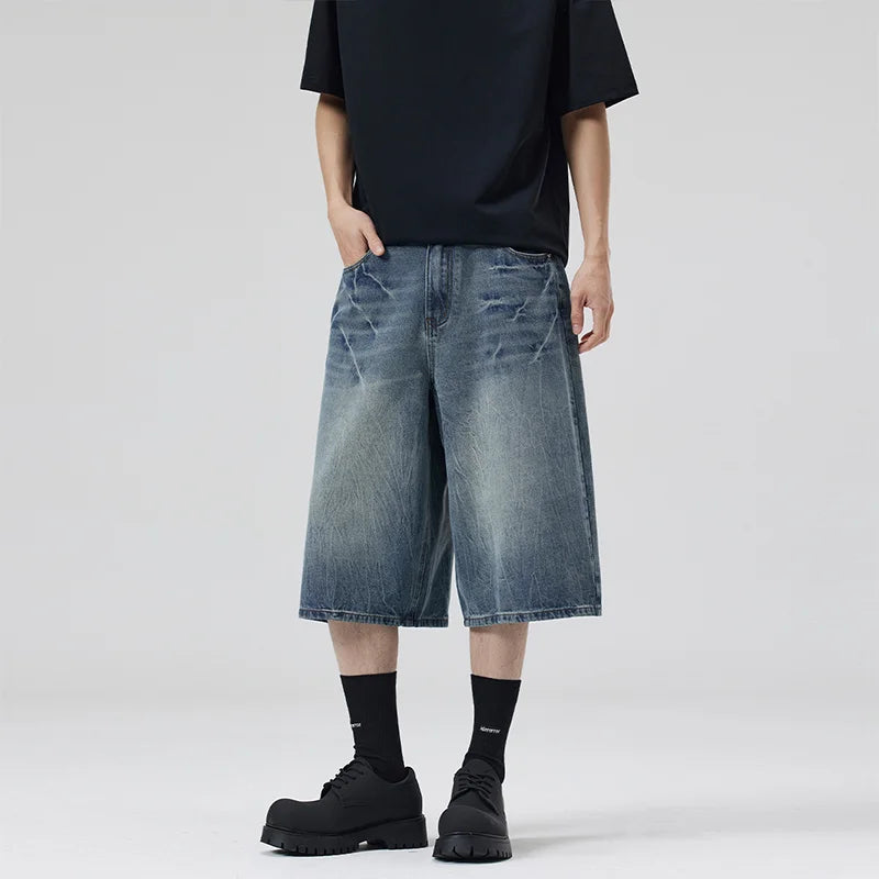 American Lightning Crack Black Grey Jeans, Men's Straight Tube Loose Wide Leg Shorts, Y2k Street Hip Hop Sevens