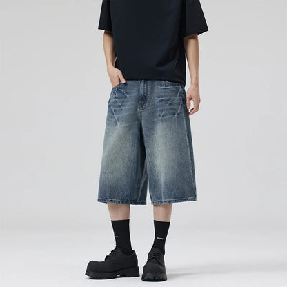 American Lightning Crack Black Grey Jeans, Men's Straight Tube Loose Wide Leg Shorts, Y2k Street Hip Hop Sevens