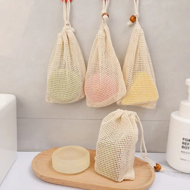 1/10PCS Hangable Soap Bags Natural Cotton Linen Foaming Soap Net Bag Body Soap Cleanser Net Bags Household Shower Cleaning Tools