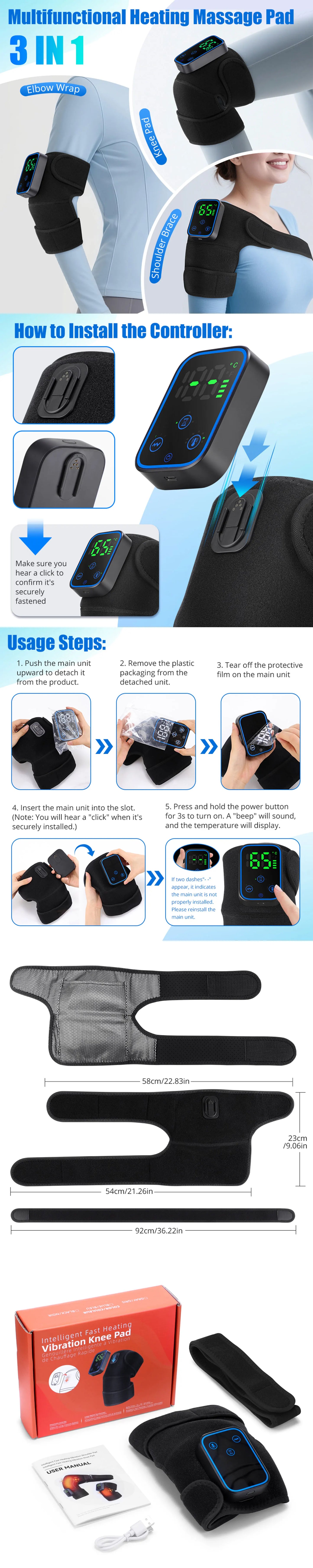 Electric Heated Vibration Knee Massage Pad, 3 in 1 Massager for Shoulder Elbow, Hot Compress Thermal Joint Brace Muscle Relaxation