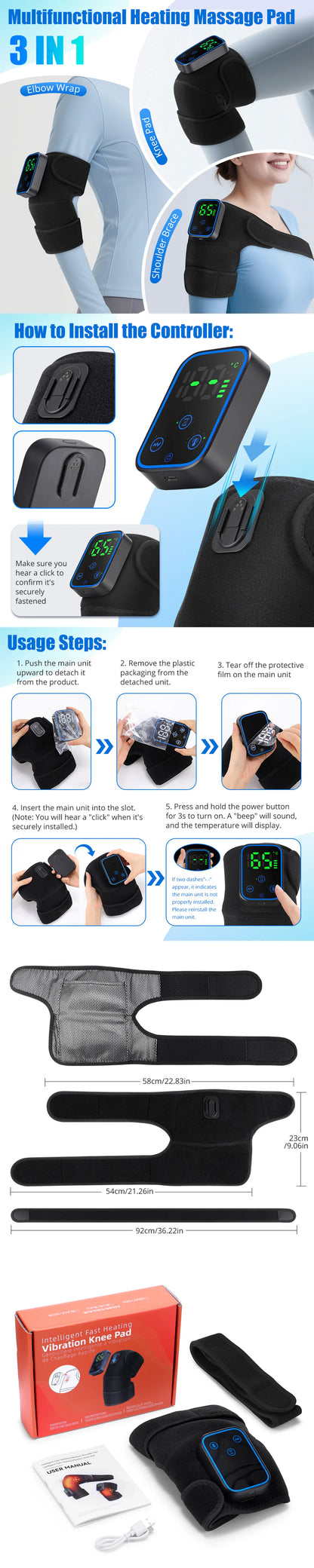 Electric Heated Vibration Knee Massage Pad, 3 in 1 Massager for Shoulder Elbow, Hot Compress Thermal Joint Brace Muscle Relaxation