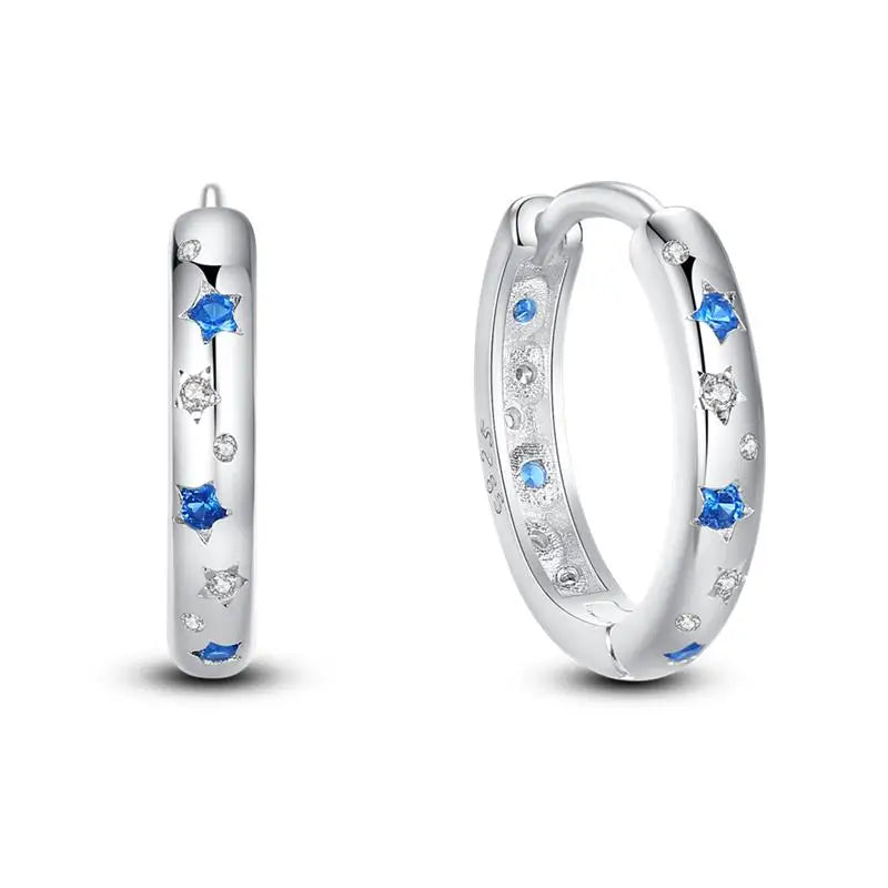 925 Sterling Silver Moon Universe Starry Sky Series Charm Earrings Women Blue Shiny Zircon Daily Wear Jewelry