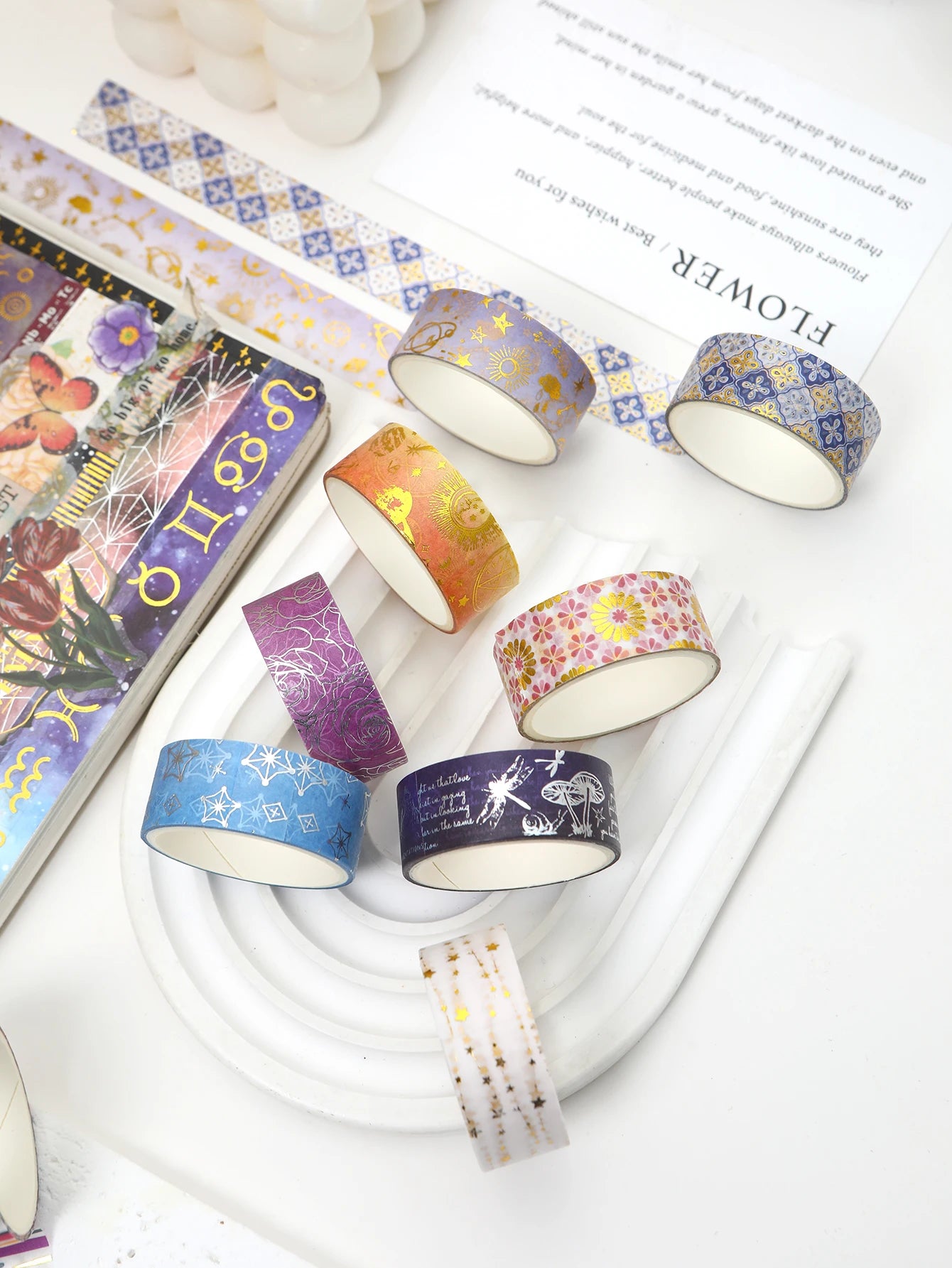 Creative Floral Hot Foil Washi Tape Set, 12 Rolls Decorative Masking Tape for Scrapbooking, Journaling, DIY Gift Supplies