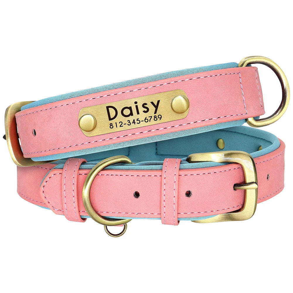Customized Leather Dog Collar Leash Set, Soft Padded Leather Collar For Small Medium Large Dogs With Free Engraved Nameplate