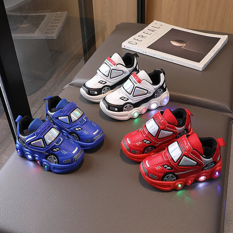 2026 Kids' Casual Shoes Led Light Car Club Cartoon PU Leather Spring Shoes For Children Anti-slip Red Blue Shoes Size 21-30