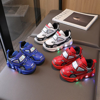 2026 Kids' Casual Shoes Led Light Car Club Cartoon PU Leather Spring Shoes For Children Anti-slip Red Blue Shoes Size 21-30