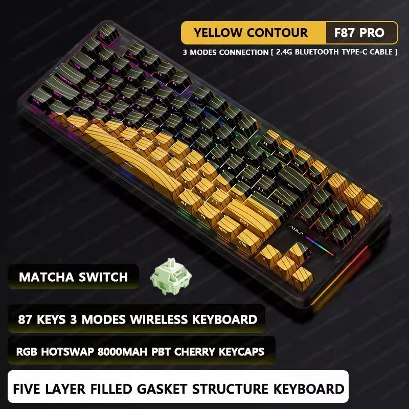 F87Pro Mechanical Keyboard, 2.4g/Usb/Bluetooth Tri Mode Wireless 87 Key 5 Layer Silencing Filling Suitable For Gaming Typing, AULA