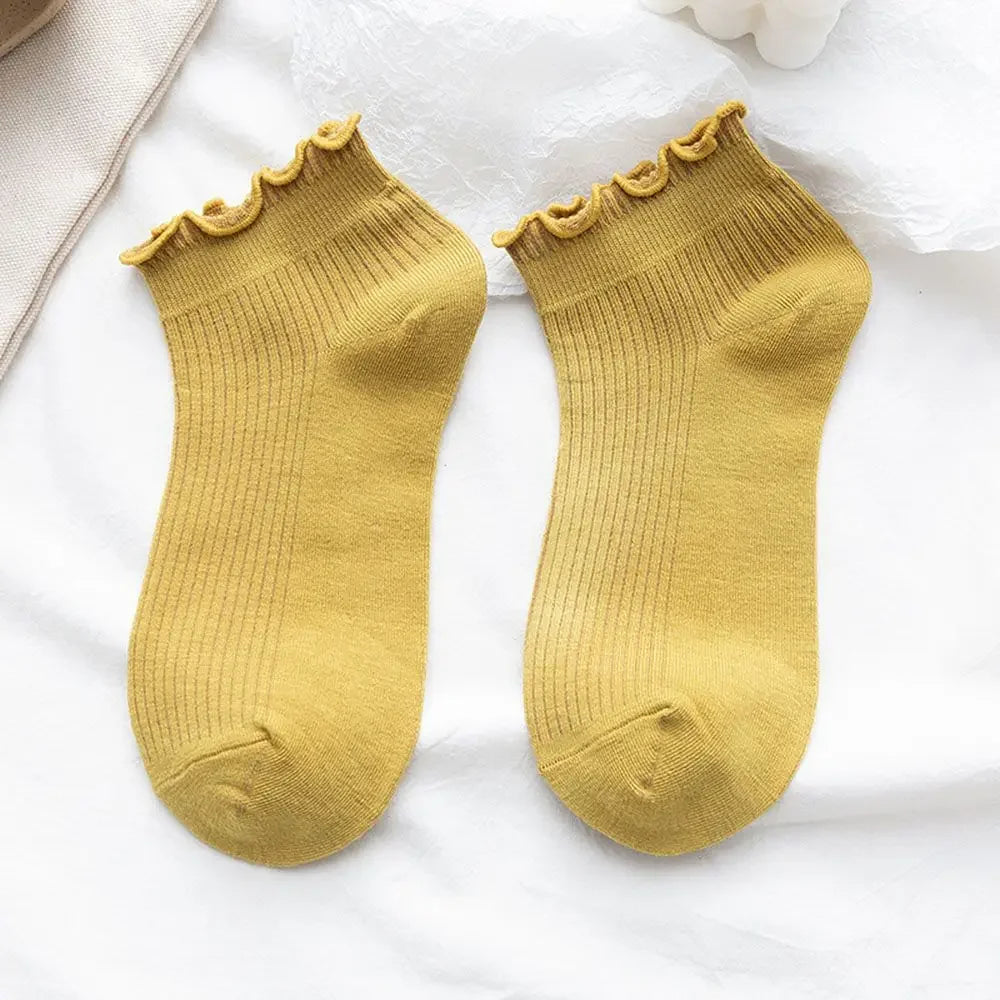 Cotton Women's Socks Frilly Ruffle Socks Spring Summer Casual Ankle Short Boat Socks Loose Knit Solid Color Mid-Calf Socks
