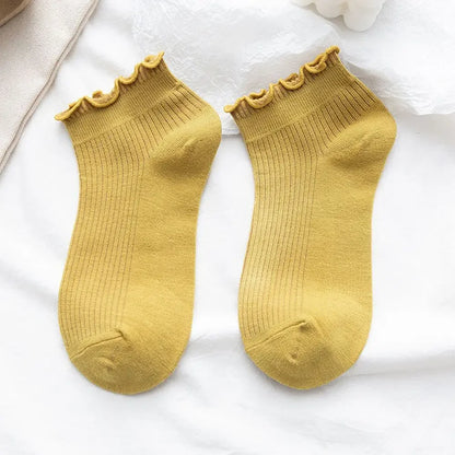 Cotton Women's Socks Frilly Ruffle Socks Spring Summer Casual Ankle Short Boat Socks Loose Knit Solid Color Mid-Calf Socks