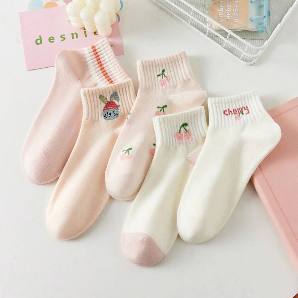 5/10 Pairs Women Striped Ankle Socks Trendy Versatile Pink Fruit Pattern Cartoon Short Socks Comfortable Breathable Casual Socks